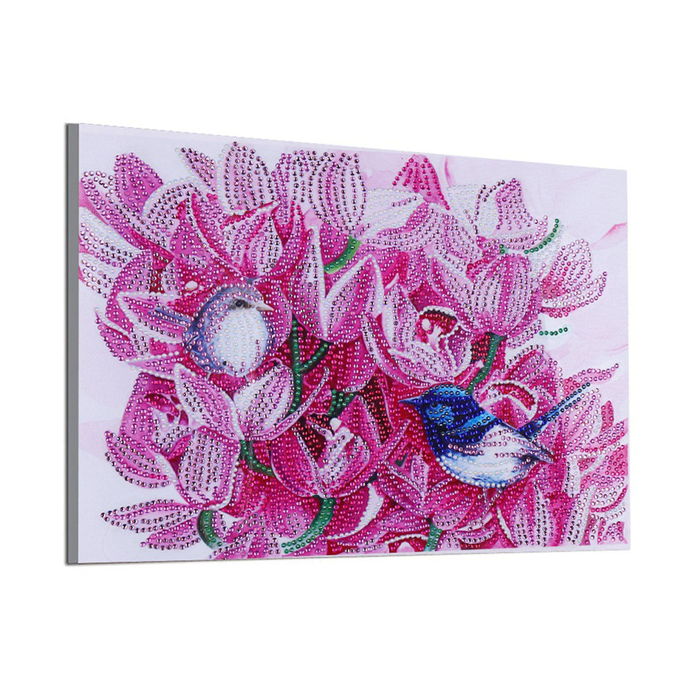 Vogels tussen Roze Bloemen Speciaal Gevormde Boren Diamond Painting