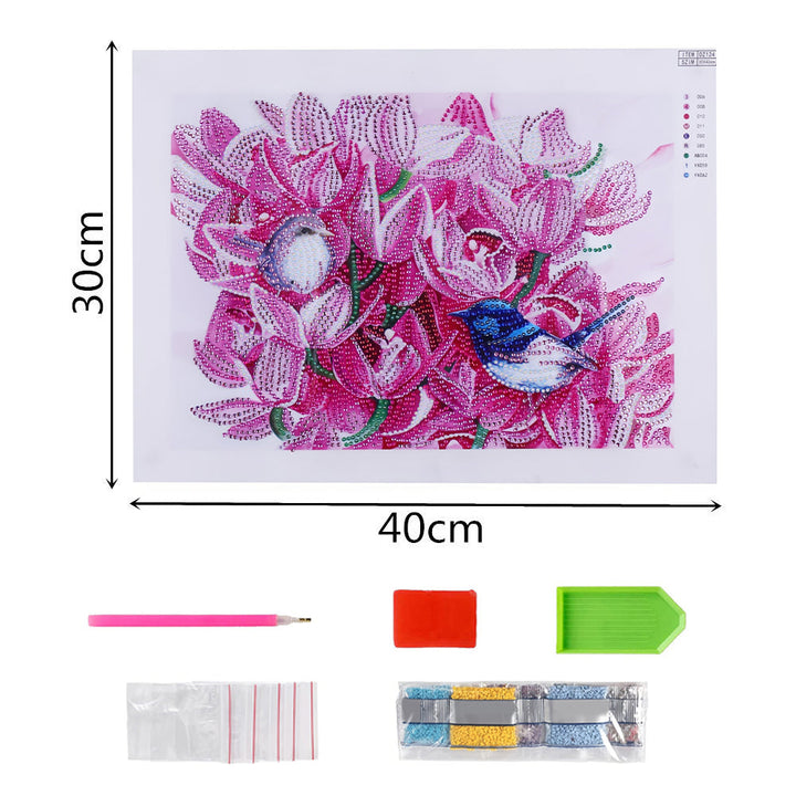 Vogels tussen Roze Bloemen Speciaal Gevormde Boren Diamond Painting