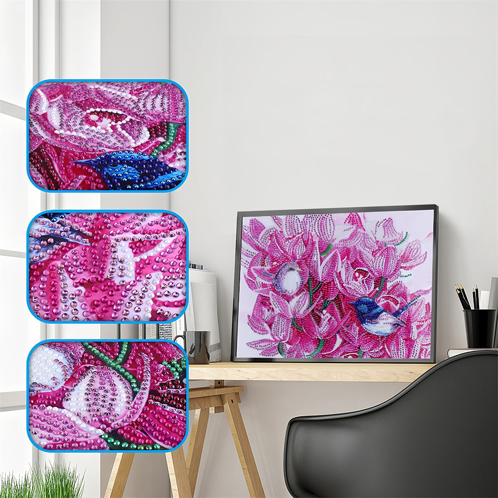 Vogels tussen Roze Bloemen Speciaal Gevormde Boren Diamond Painting