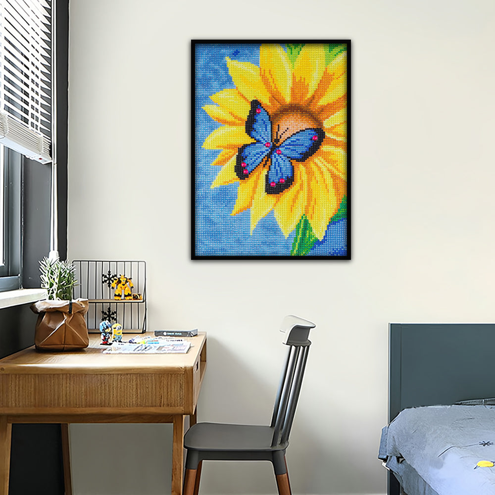 Blauwe Vlinder op Zonnebloem Speciaal Gevormde Boren Diamond Painting