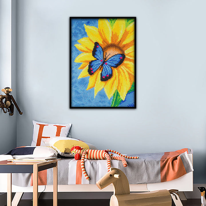 Blauwe Vlinder op Zonnebloem Speciaal Gevormde Boren Diamond Painting