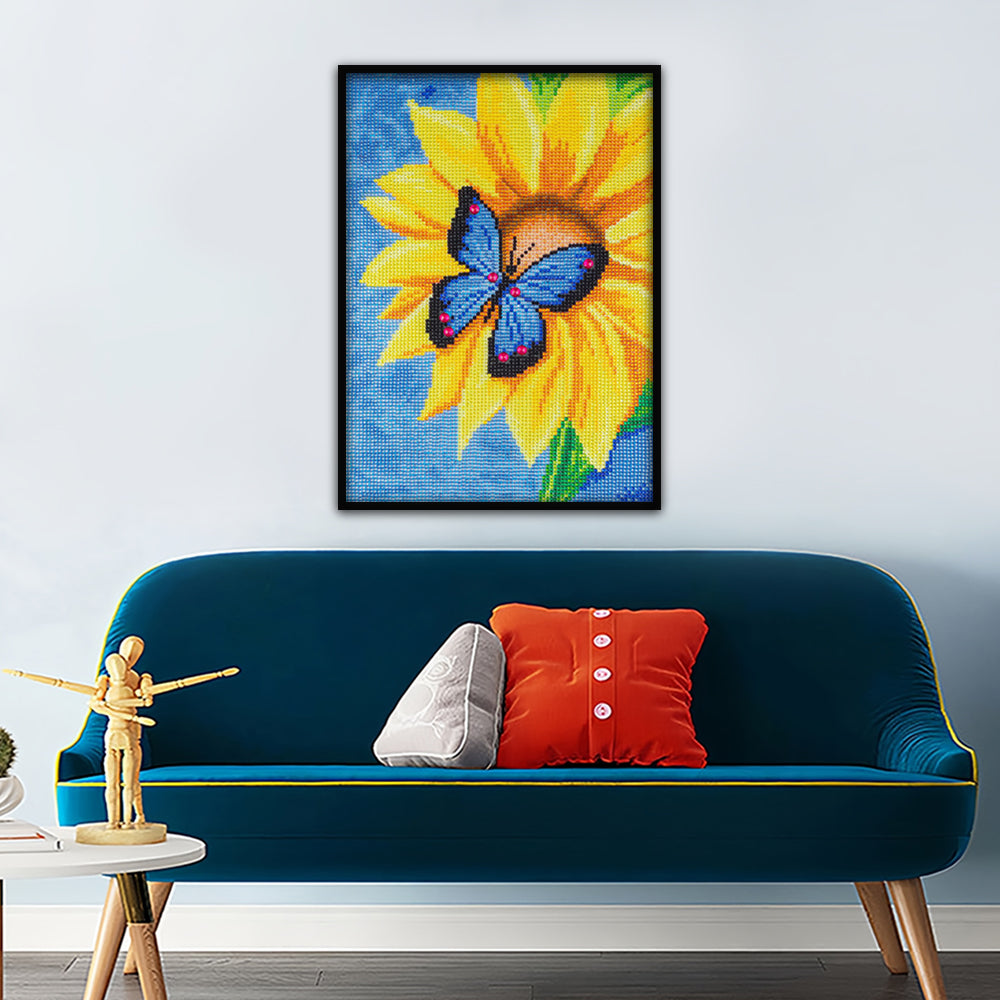 Blauwe Vlinder op Zonnebloem Speciaal Gevormde Boren Diamond Painting