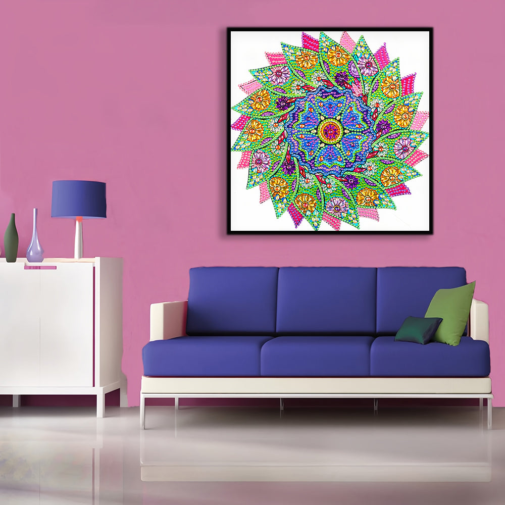 Groene en Roze Bladeren Mandala Speciaal Gevormde Boren Diamond Painting