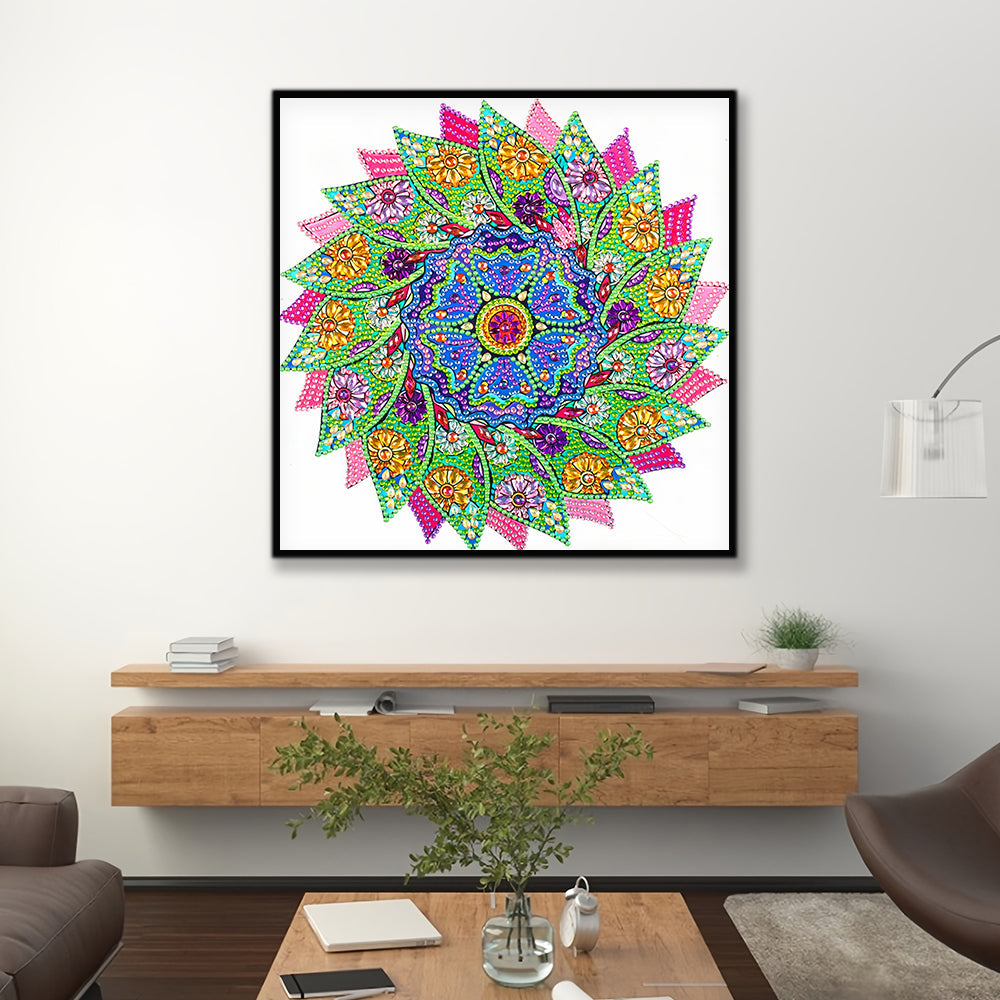 Groene en Roze Bladeren Mandala Speciaal Gevormde Boren Diamond Painting