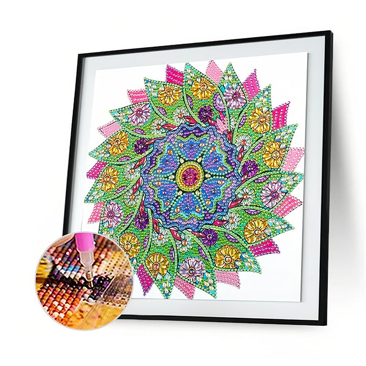 Groene en Roze Bladeren Mandala Speciaal Gevormde Boren Diamond Painting