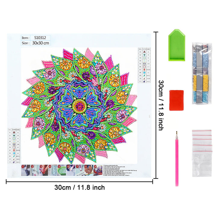 Groene en Roze Bladeren Mandala Speciaal Gevormde Boren Diamond Painting