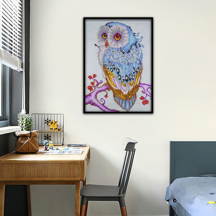 Blauwe Uil op Boomtak Speciaal Gevormde Boren Diamond Painting