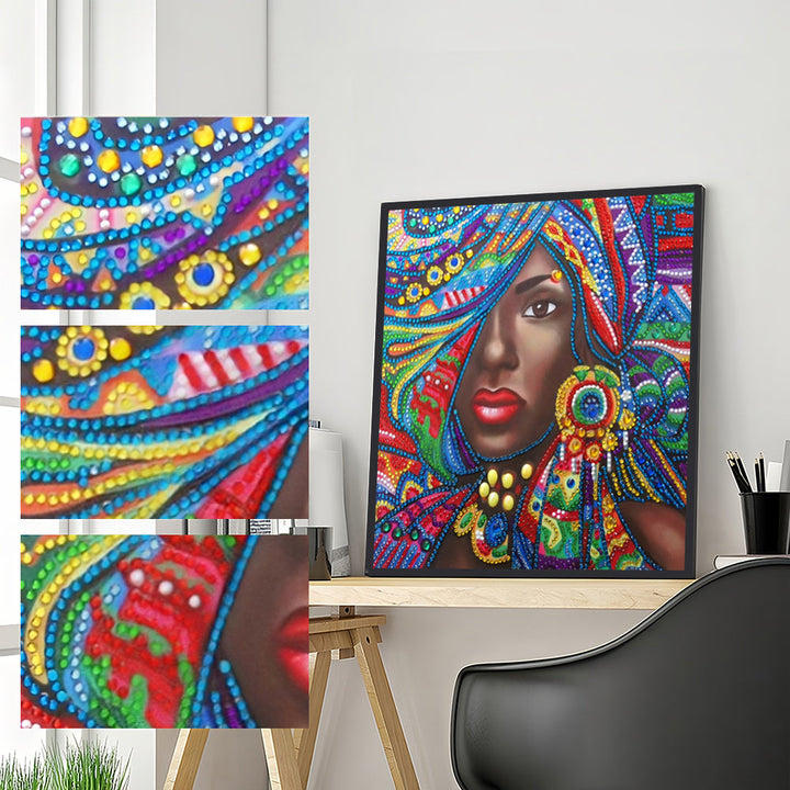 Afrikaanse Vrouw met Kleurrijke Decoratie Speciaal Gevormde Boren Diamond Painting