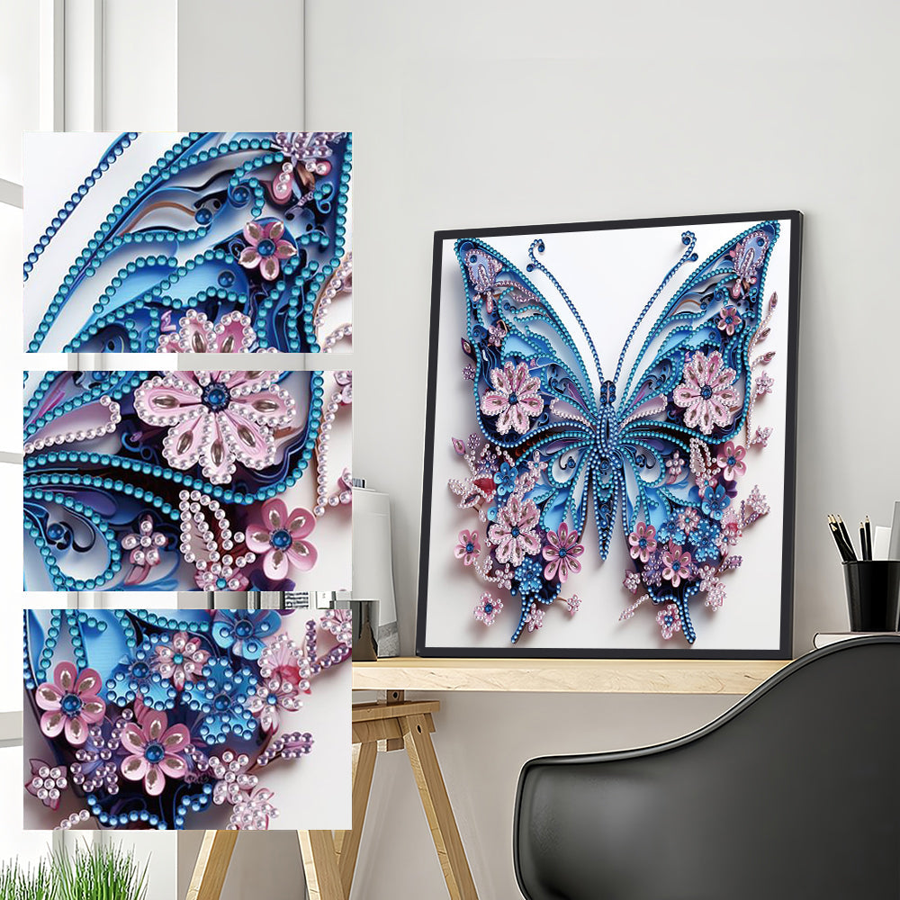 Blauwe Vlinder en Kleine Roze Bloemen Speciaal Gevormde Boren Diamond Painting