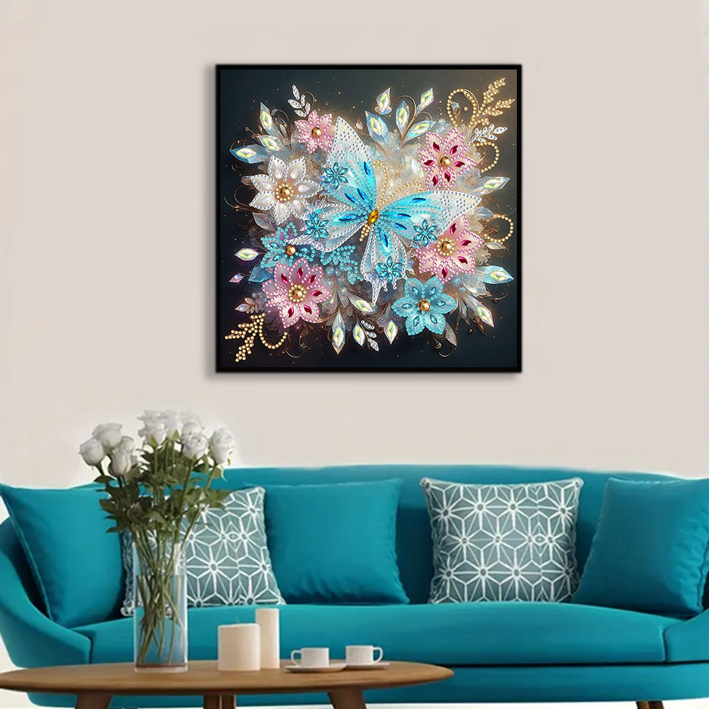 Ijs Blauwe Vlinder en Bloem Speciaal Gevormde Boren Diamond Painting