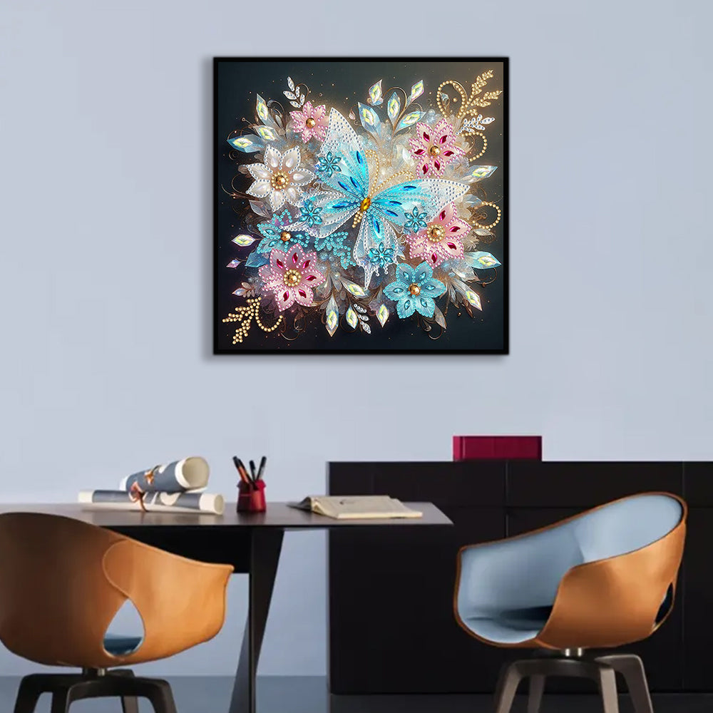 Ijs Blauwe Vlinder en Bloem Speciaal Gevormde Boren Diamond Painting