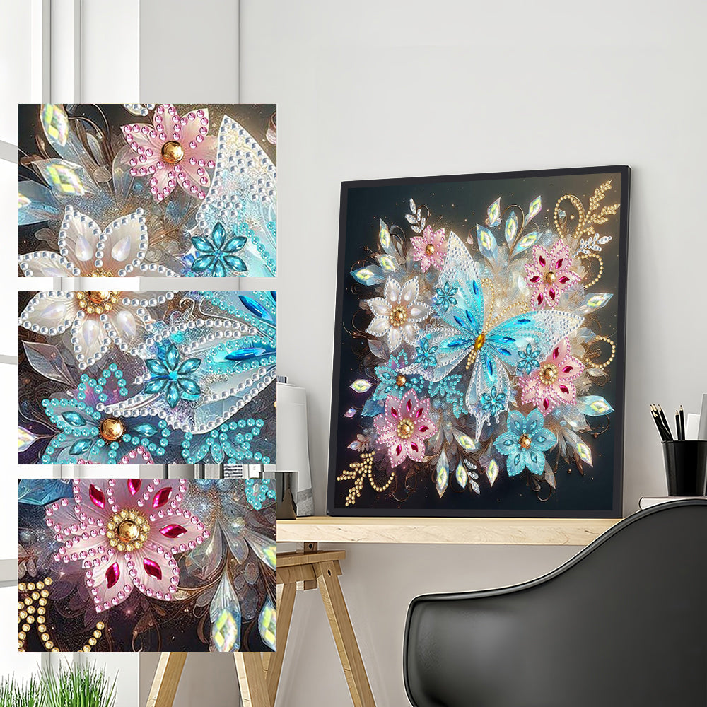 Ijs Blauwe Vlinder en Bloem Speciaal Gevormde Boren Diamond Painting