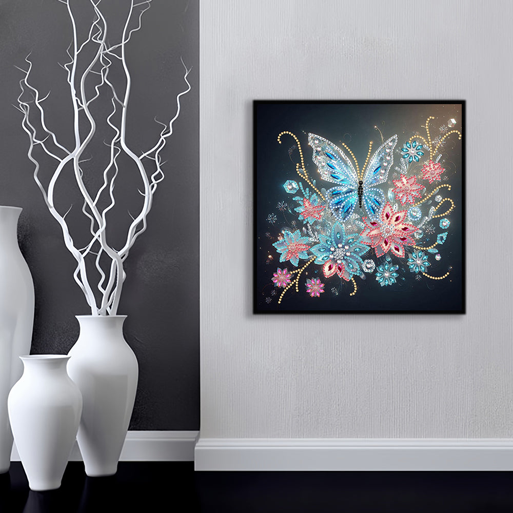 Transparante Blauwe Vlinder en Bloem Speciaal Gevormde Boren Diamond Painting