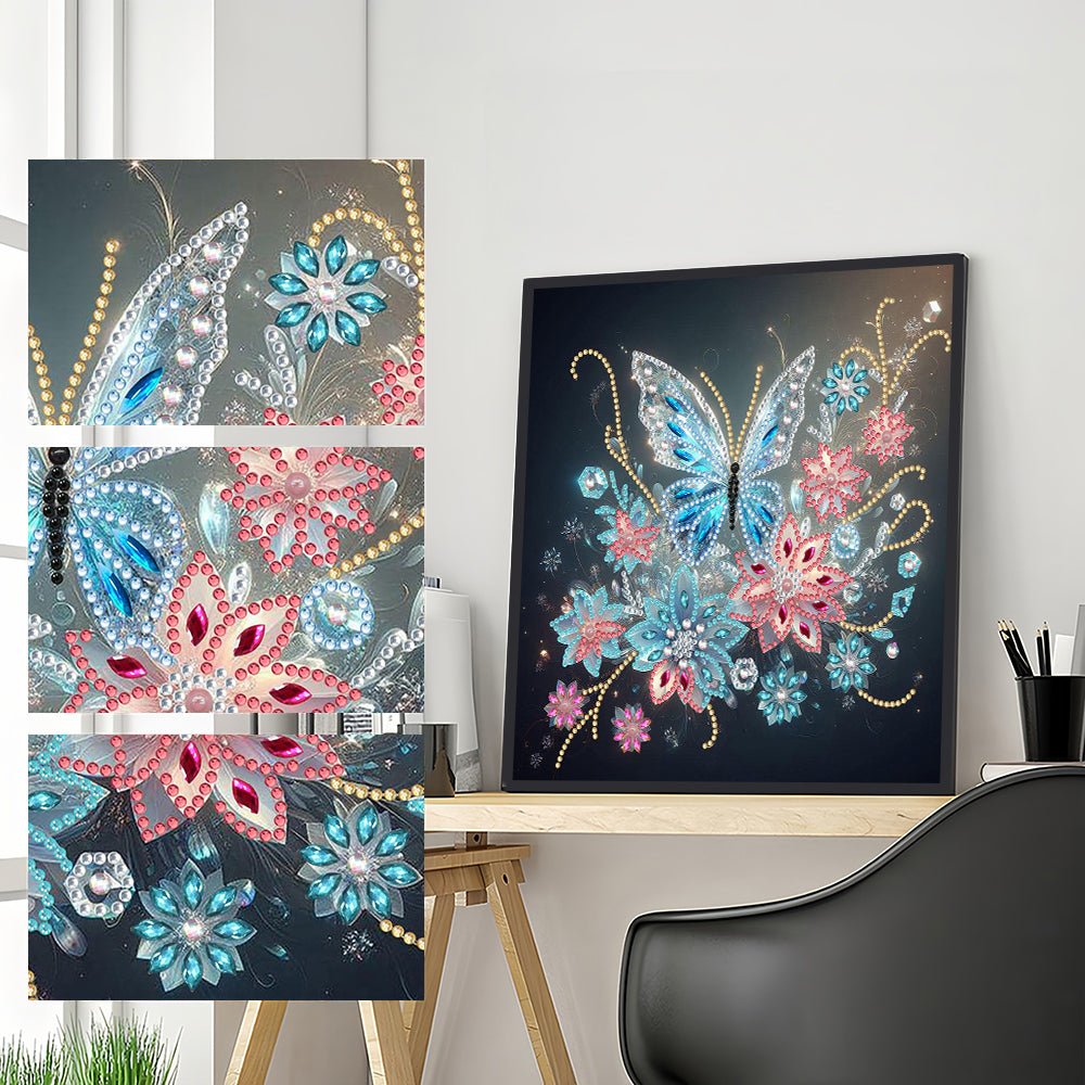 Transparante Blauwe Vlinder en Bloem Speciaal Gevormde Boren Diamond Painting