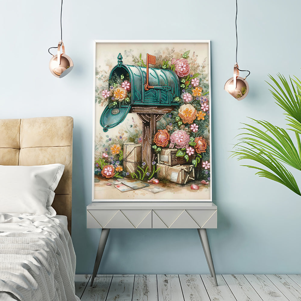 Brievenbus naast Bloemen Speciaal Gevormde Boren Diamond Painting