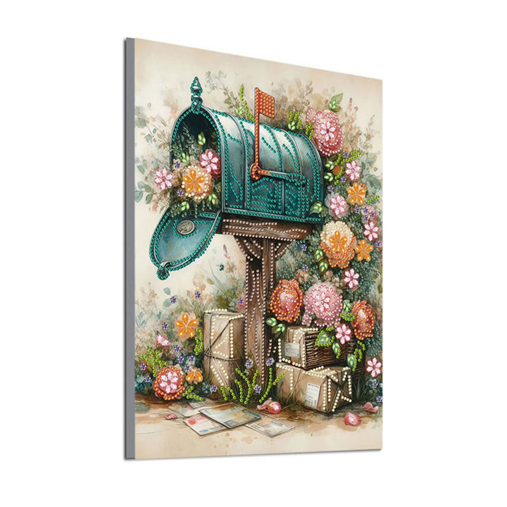 Brievenbus naast Bloemen Speciaal Gevormde Boren Diamond Painting