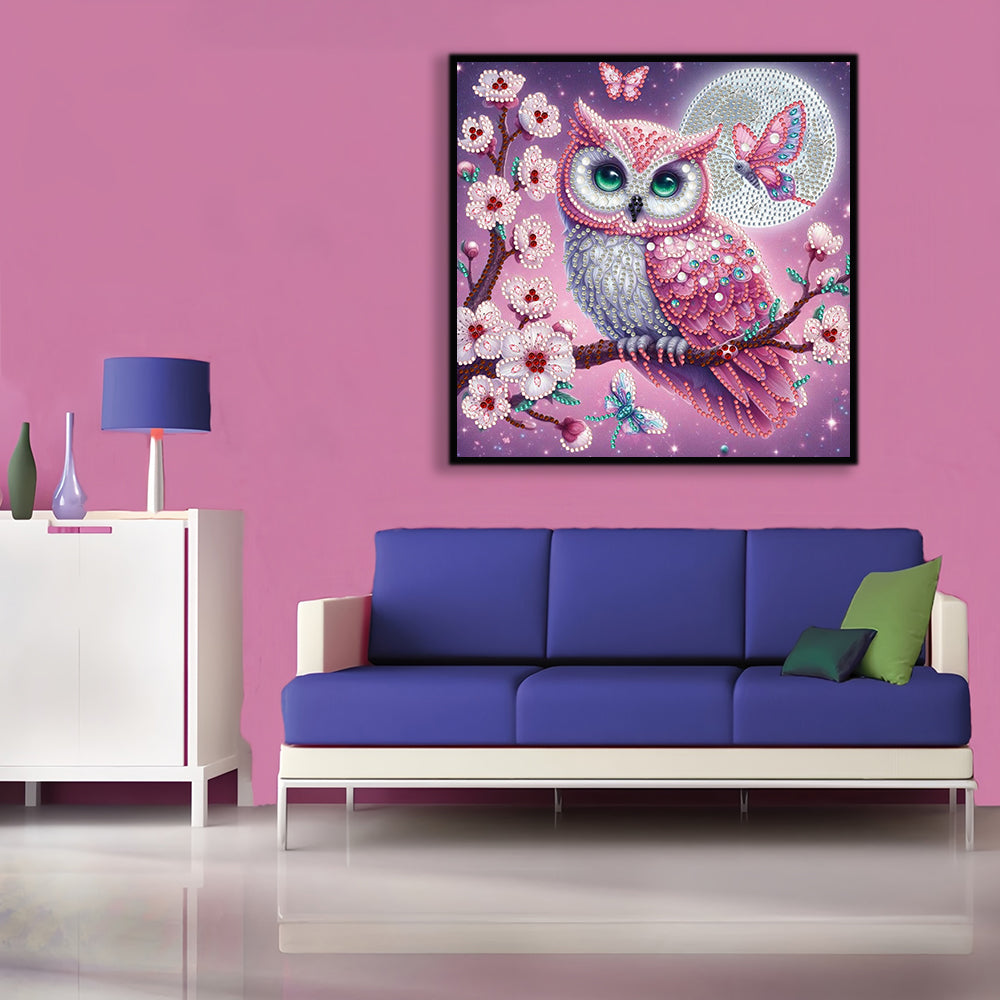 Roze Uil op Boom met Bloemen Speciaal Gevormde Boren Diamond Painting