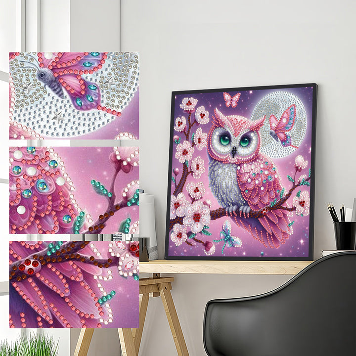 Roze Uil op Boom met Bloemen Speciaal Gevormde Boren Diamond Painting