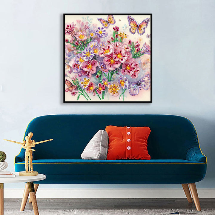 Roze Paarse Bloemen en Vlinder Speciaal Gevormde Boren Diamond Painting