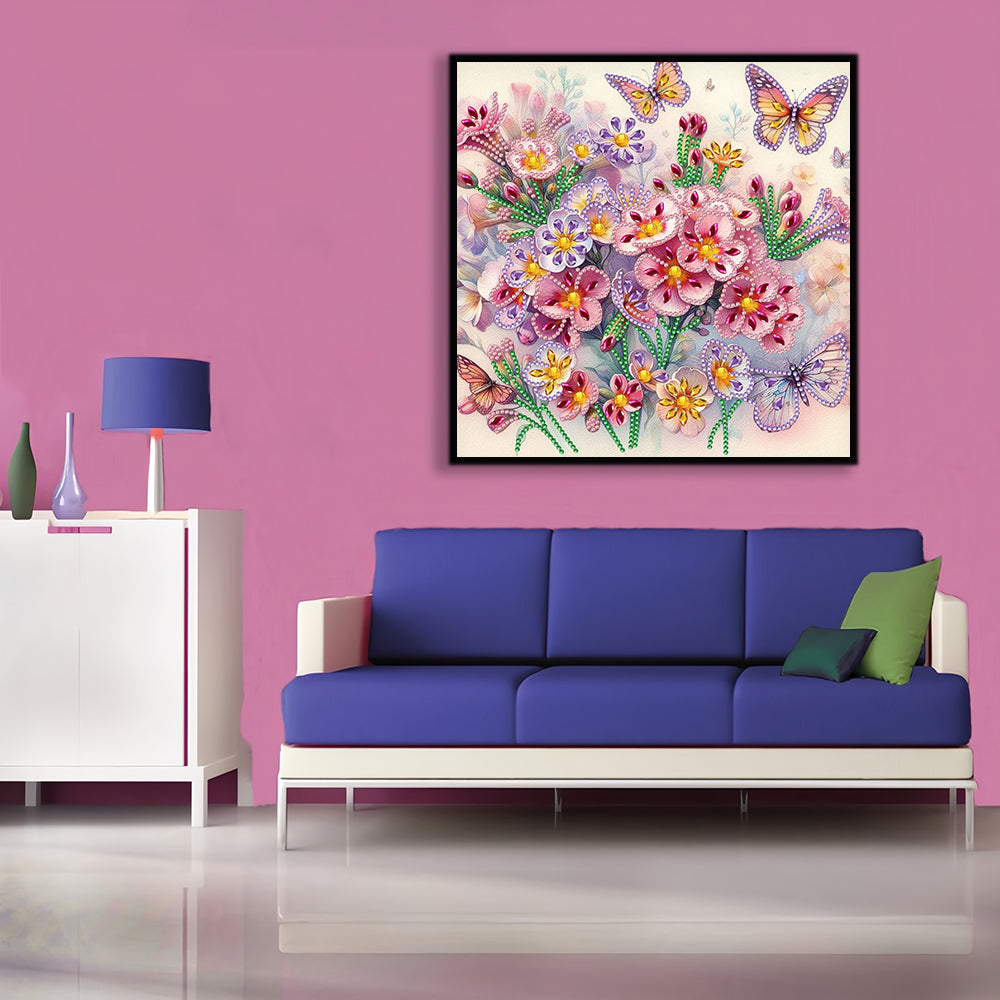 Roze Paarse Bloemen en Vlinder Speciaal Gevormde Boren Diamond Painting