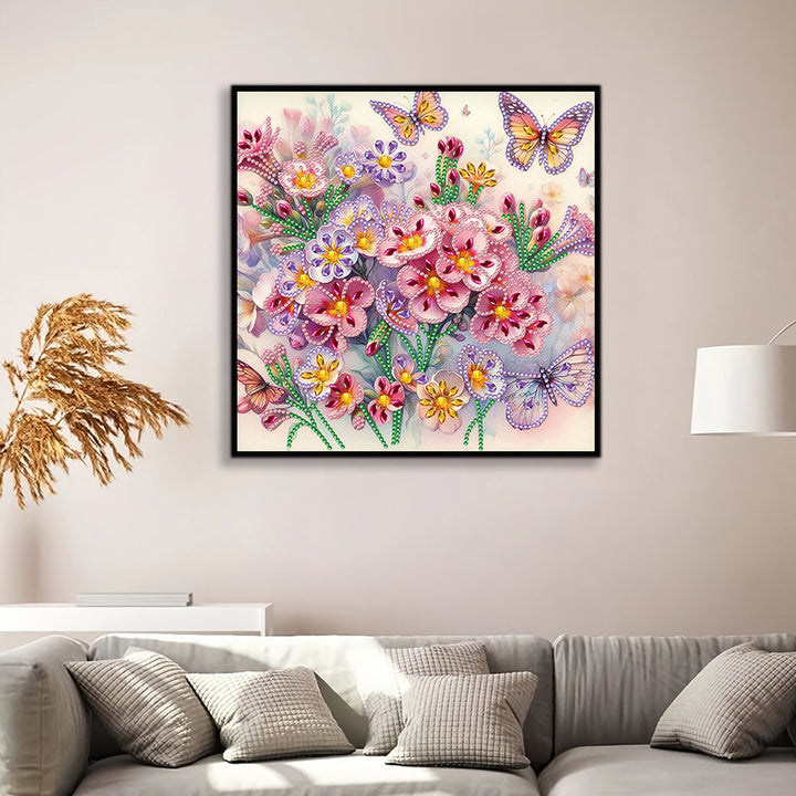 Roze Paarse Bloemen en Vlinder Speciaal Gevormde Boren Diamond Painting