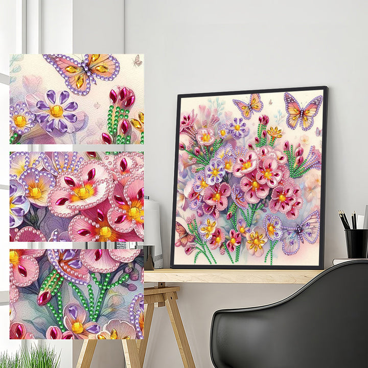 Roze Paarse Bloemen en Vlinder Speciaal Gevormde Boren Diamond Painting