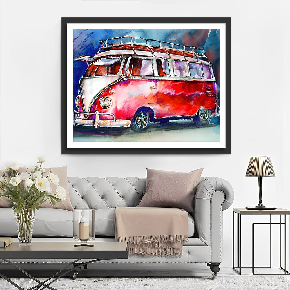 Waterverf-Stijl Rode Volkswagenbus met Dakrek Diamond Painting