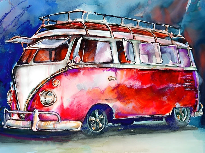 Waterverf-Stijl Rode Volkswagenbus met Dakrek Diamond Painting