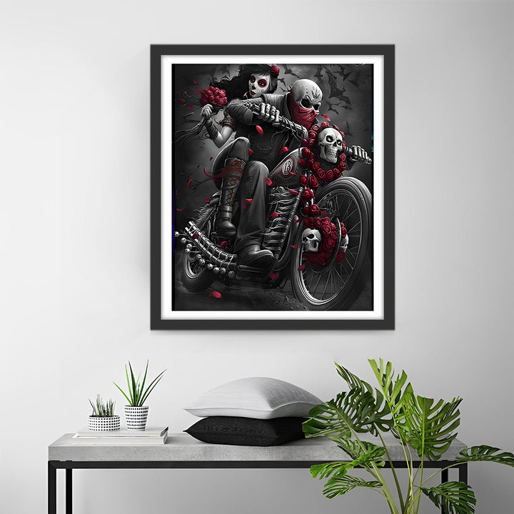 Skeletbruid en Bruidegom op een Motorfiets Diamond Painting