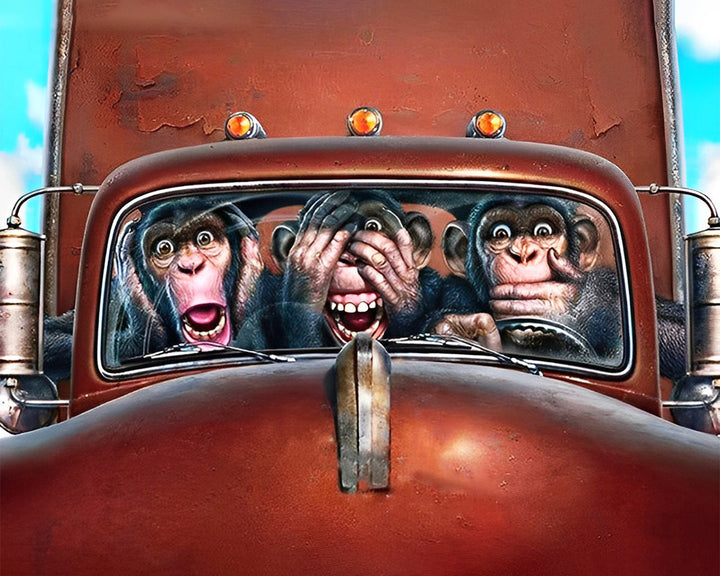Drie Apen in een Rode Auto Diamond Painting