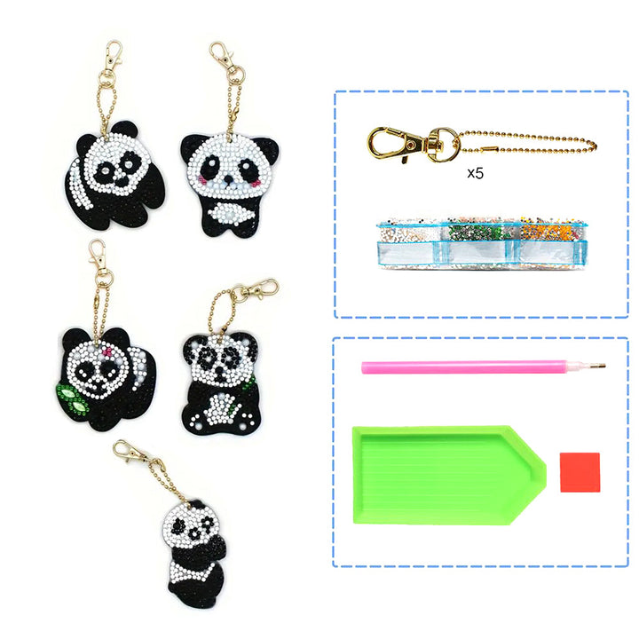 5 Stuks Schattige Panda's Acryl Sleutelhanger Aan Beide Kanten Diamond Painting