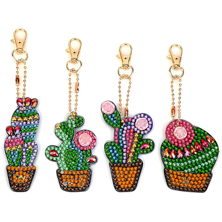 4 Stuks Cactus ijn Pot Acryl Sleutelhanger Aan Beide Kanten Diamond Painting