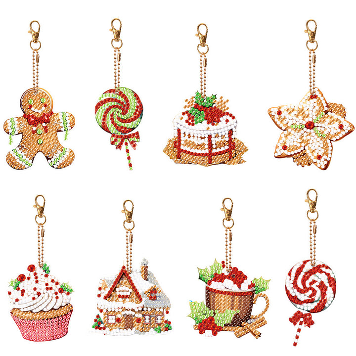 8 Stuks Kerstdesserts Acryl Sleutelhanger Aan Beide Kanten Diamond Painting