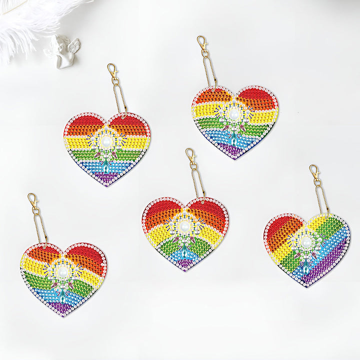 5 Stuks Regenboog Hart Acryl Sleutelhanger Aan Beide Kanten Diamond Painting