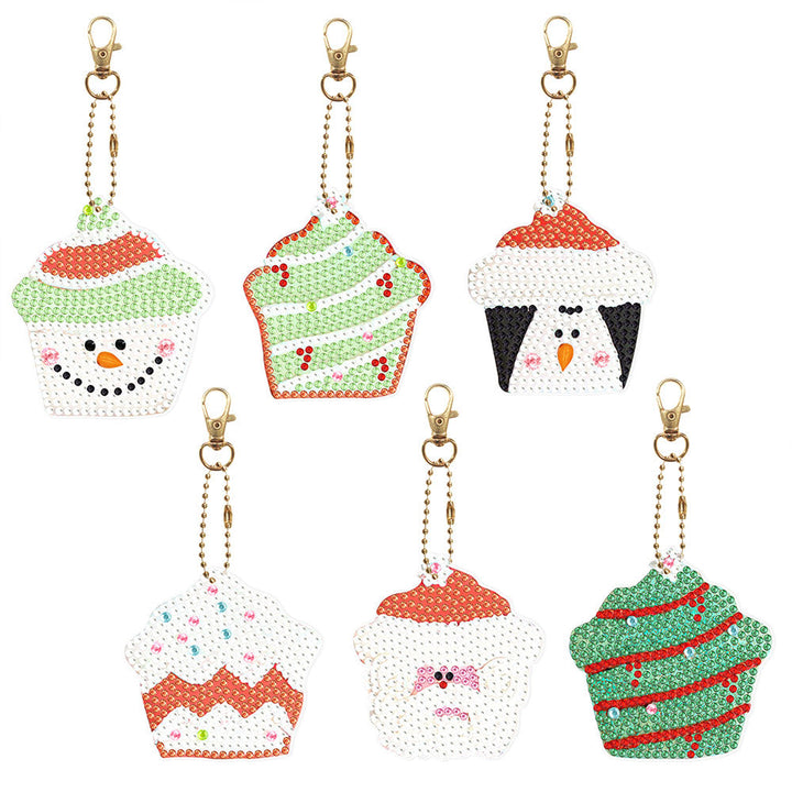 6 Stuks Kerst-Cupcakes Acryl Sleutelhanger Aan Beide Kanten Diamond Painting