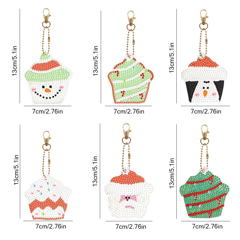 6 Stuks Kerst-Cupcakes Acryl Sleutelhanger Aan Beide Kanten Diamond Painting