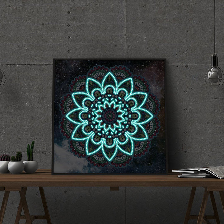 Blauwe Lotus Mandala Lichtgevend Speciaal Gevormd Diamond Painting