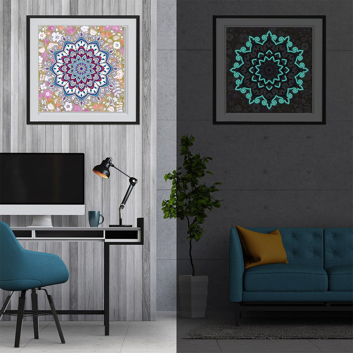 Rode en Blauwe Lotus Mandala Lichtgevend Speciaal Gevormd Diamond Painting