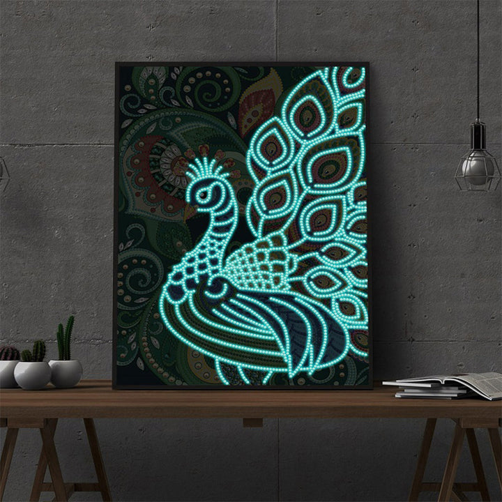 Groene en Blauwe Pauw Lichtgevend Speciaal Gevormd Diamond Painting