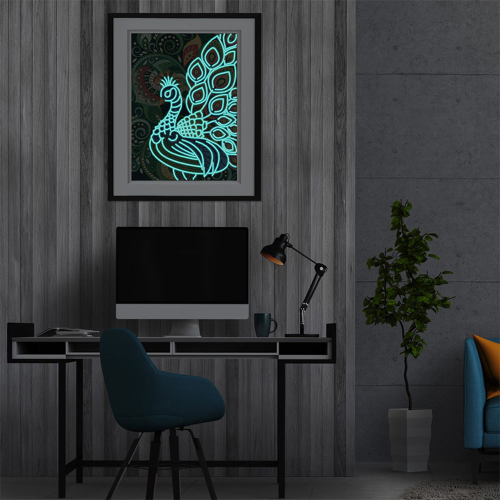 Groene en Blauwe Pauw Lichtgevend Speciaal Gevormd Diamond Painting