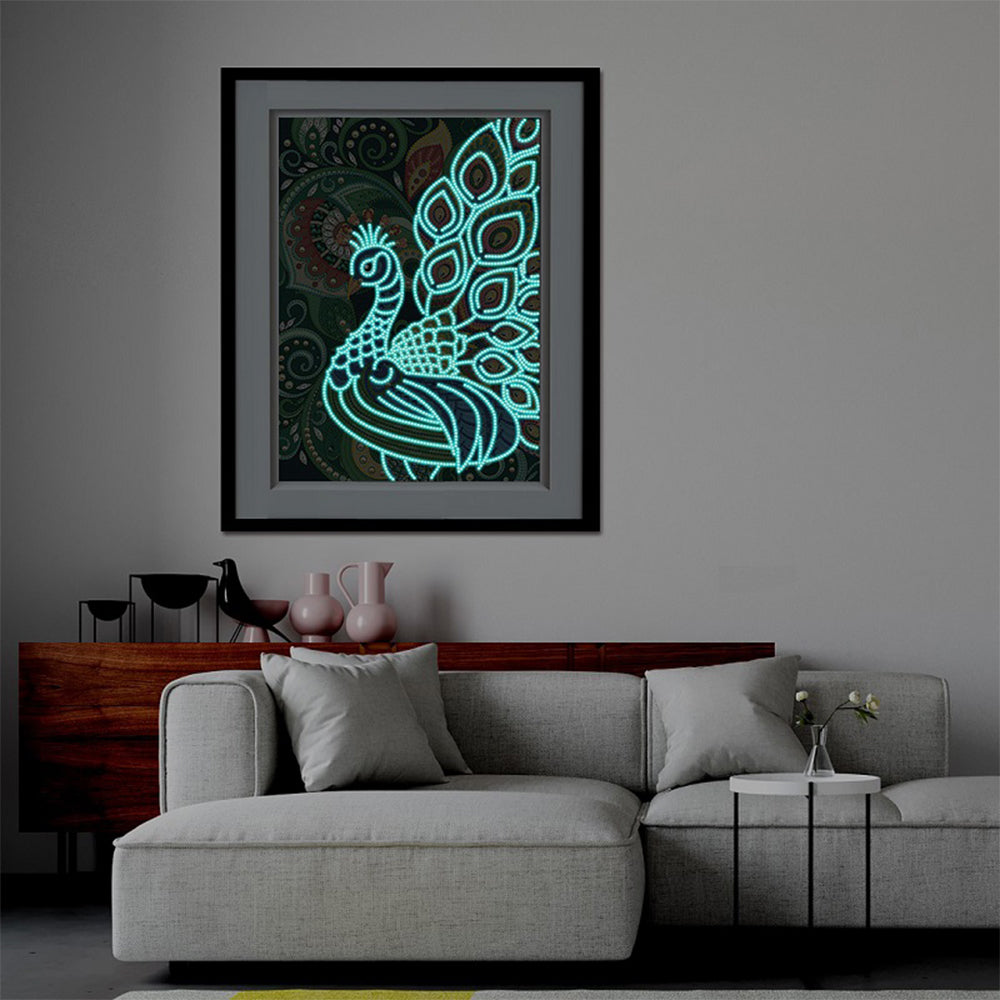 Groene en Blauwe Pauw Lichtgevend Speciaal Gevormd Diamond Painting