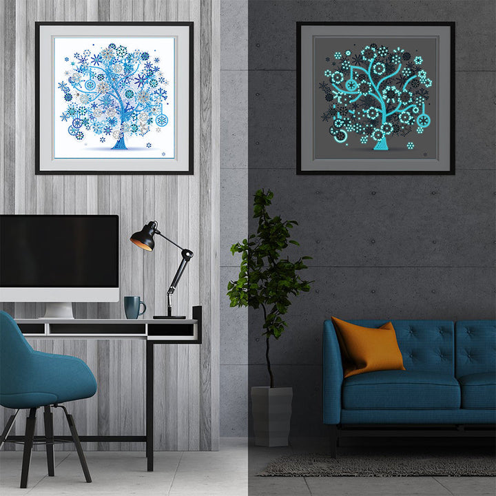 Winterblauwe Boom Lichtgevend Speciaal Gevormd Diamond Painting