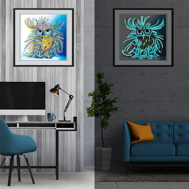 Geel en Blauwe Uil Lichtgevend Speciaal Gevormd Diamond Painting