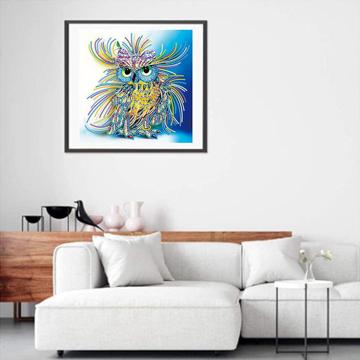 Geel en Blauwe Uil Lichtgevend Speciaal Gevormd Diamond Painting