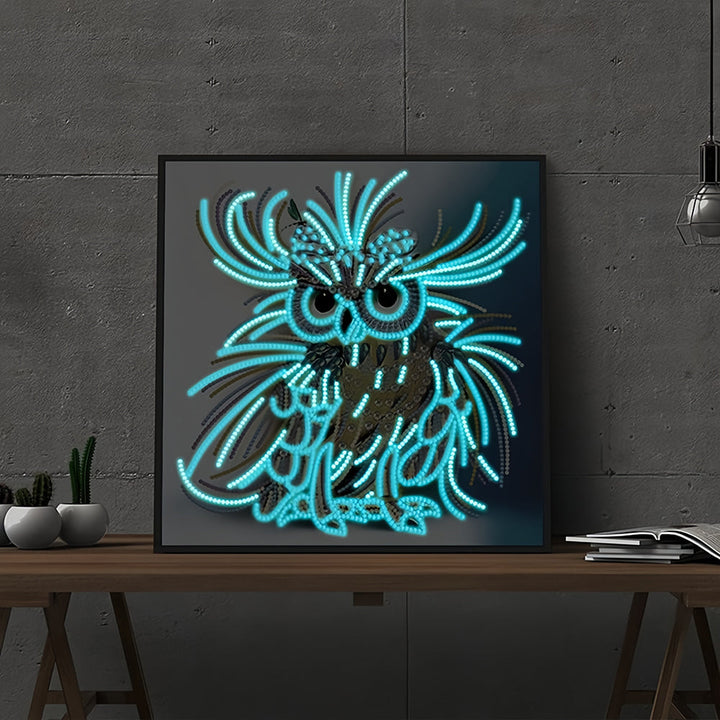 Geel en Blauwe Uil Lichtgevend Speciaal Gevormd Diamond Painting