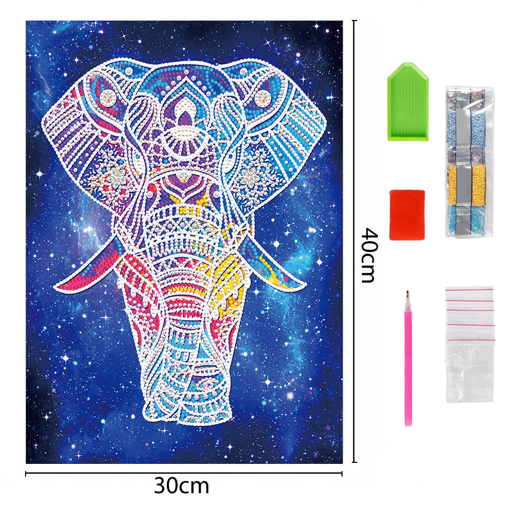 Olifant onder Nachthemel Lichtgevend Speciaal Gevormd Diamond Painting