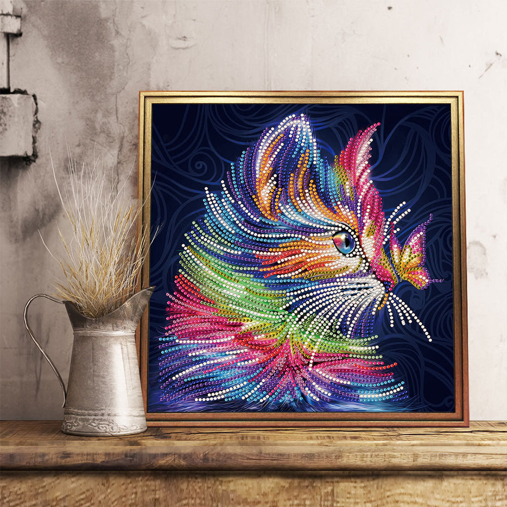 Kleurrijke Kat en Vlinder Gekleurd Lichtgevend Kristal Bergkristal Diamond Painting