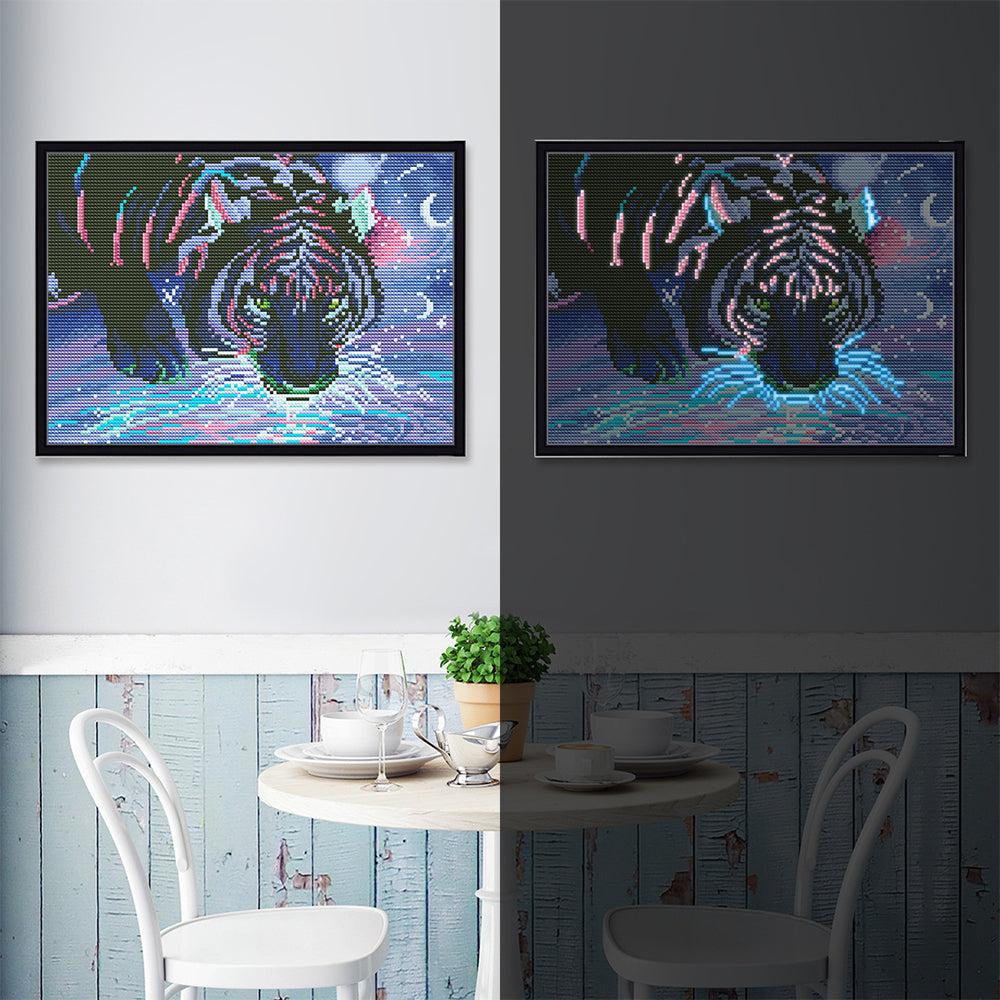 Tijger in de Nacht Gekleurd Lichtgevend Kristal Bergkristal Diamond Painting