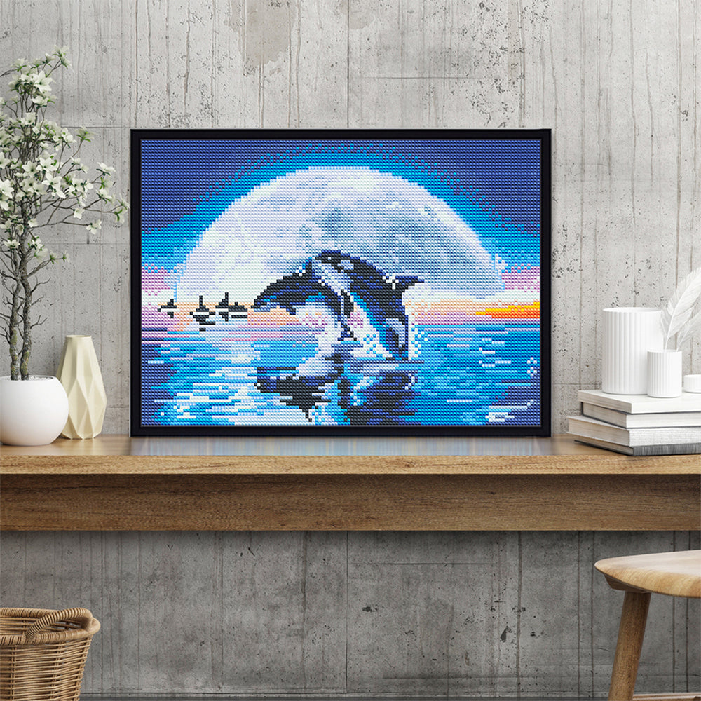 Dolfijn en Maan Lichtgevende Kristal Neushoorn Diamond Painting