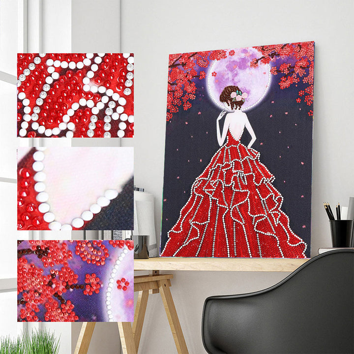 Vrouw in Rode Jurk Lichtgevend Speciaal Gevormd Diamond Painting